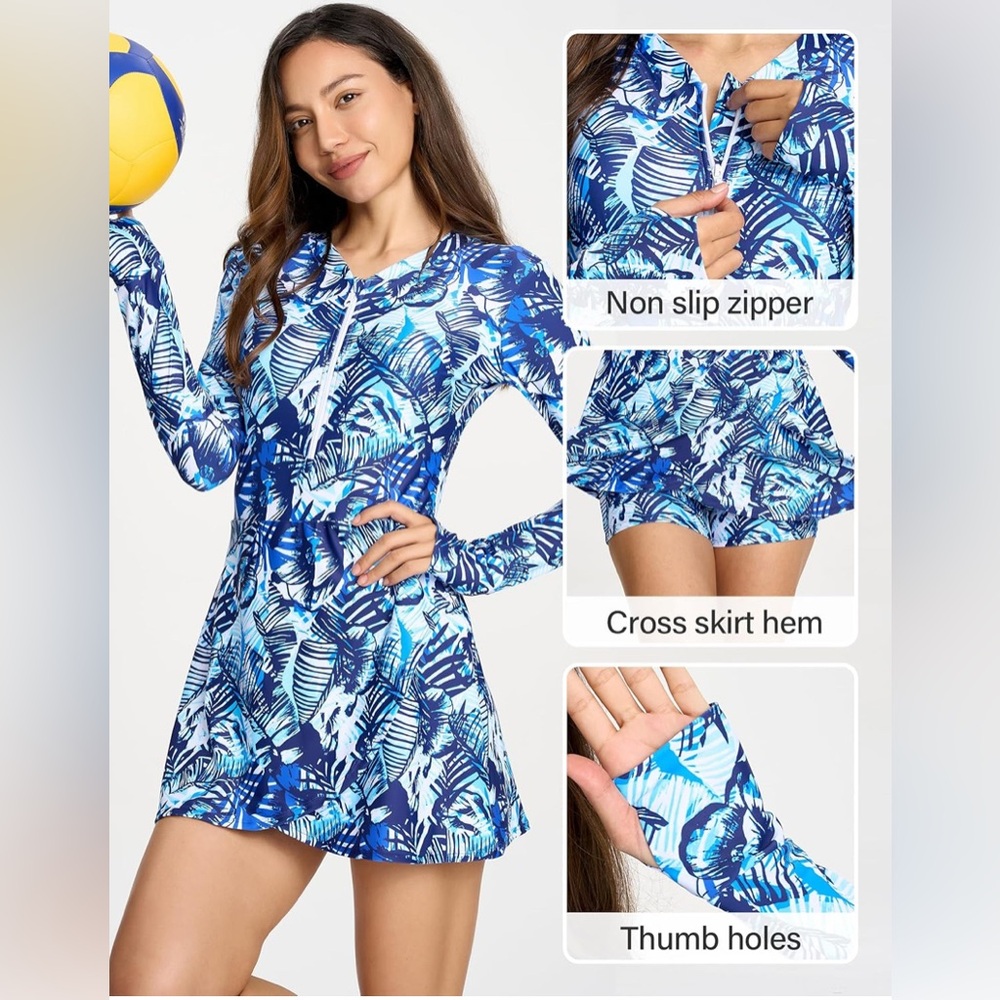 Long Sleeve Swimsuit Women UPF 50+ Swim Dress Swimwear Rose Leaf Size  2XL